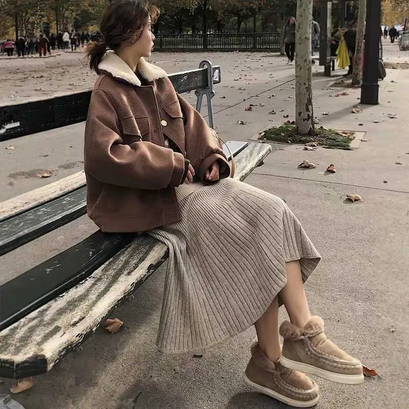 chic autumn Winter Women long sweater Umbrella skirt casual basic knitted A-line Skirt female solid elegant Skirts 210608