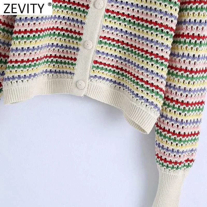 Zevity Women Rainbow Striped Print Hollow Out Crochet Stickad Sweater Coat Kvinna Chic Breasted Jacquard Cardigan Tops SW803 211011