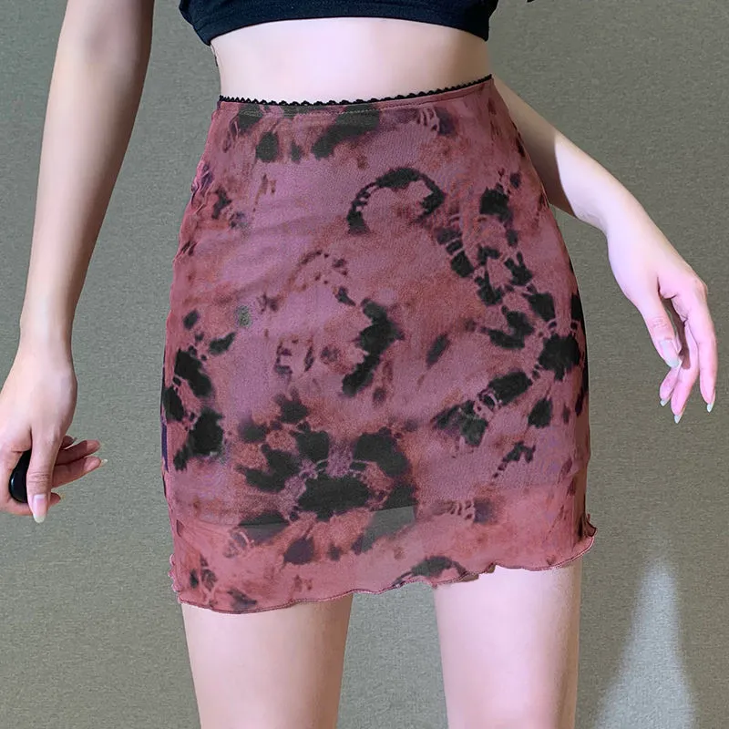 chic Harajuku tie-dye mesh skirt female summer new ins Korean vintage high waist casual sexy mini skirt punk style bag hip skirt X0428