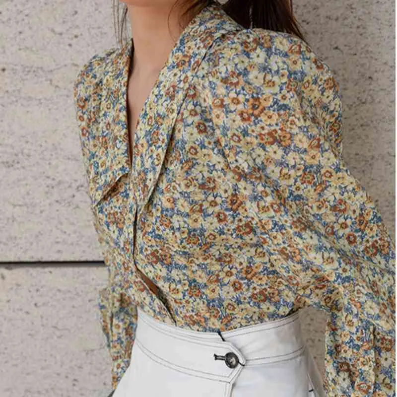 Neploe Frühling Blumendruck Design Casual Bluse Frauen Drehen Unten Kragen Einreiher Blusas Mode Prairie Chic Shirts 210510
