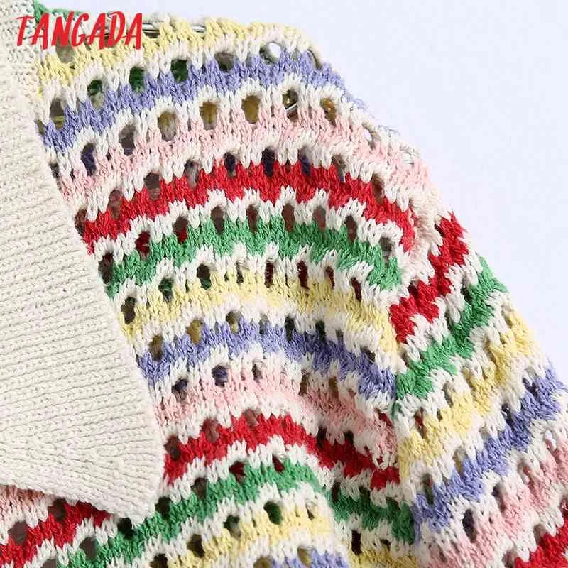 Femmes Rainbow Rayé Jacquard Cardigan Creux Crochet Tricoté Pull Manteau Femme Chic Tops BE237 210416