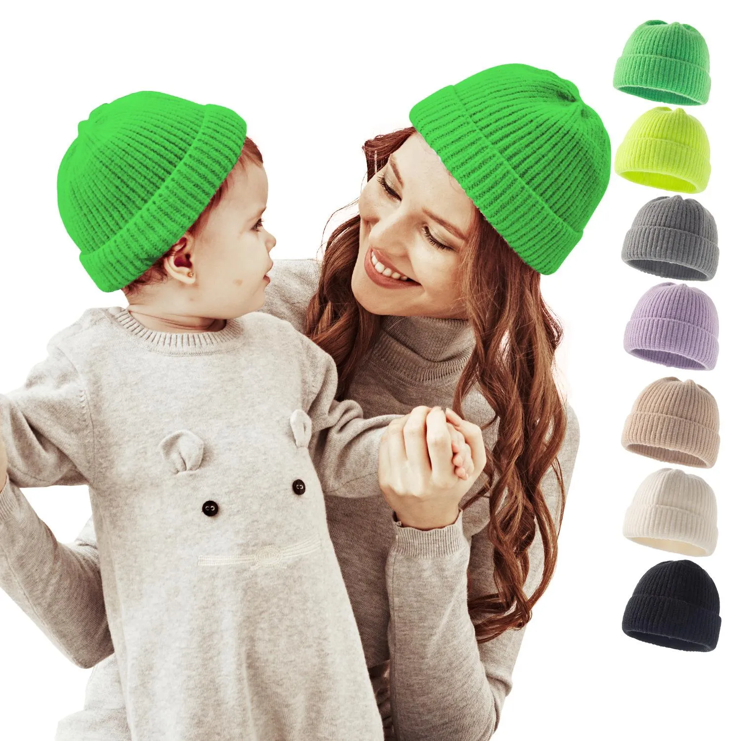 Baby Kids Mother Knitted Hat 2st / Set Solid Färg Småbarn Barn Huvudbonader Vuxen Mössa Kepsar Set