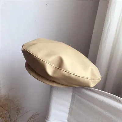 Berets 2022 Spring Women's Fashion Beret Solid Pu Leather French Artist Beanie Hat All-match Adjustable Ladies