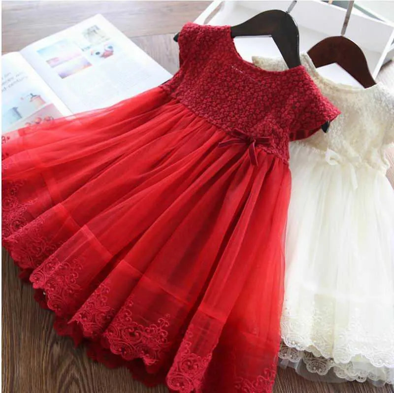 Lace flower Girl Summer Dresses Gauze Short Sleeve Red White Princess Baby Clothes 2-8Y E88632 210610