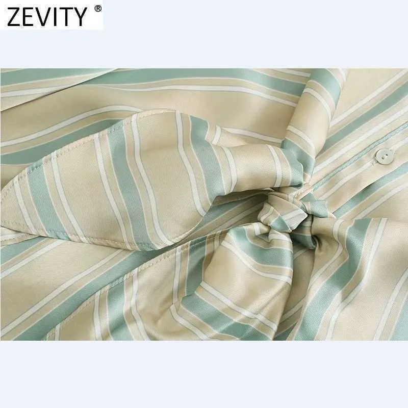 Zevity Women Vintage Striped Print Singel Breasted Casual Shirtdress Kvinna Fram Båge Bundet Business Vestido Chic Dresses DS8174 210603