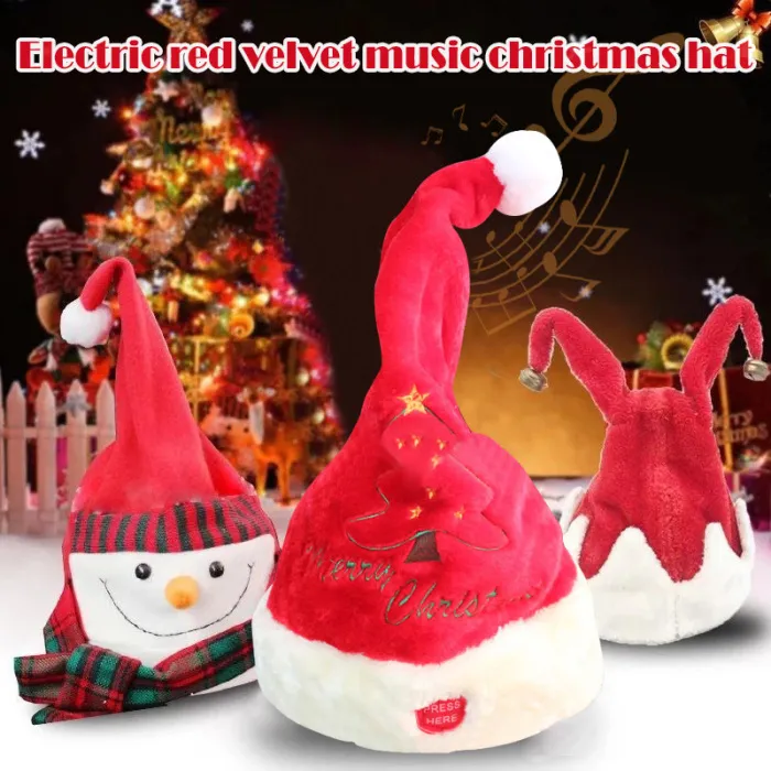 Electric Santa Music Swing Cartoon Red Plush Hat Christmas Party Cap oktober998