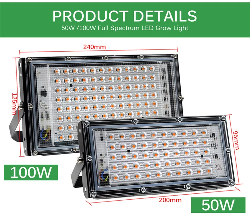 Luz de LED de espectro completo Luz de cultivo de 50W 100W Greenhouse Phyto LEDS LED Cultives Lámpara al aire libre Flowlight Spotlight2381
