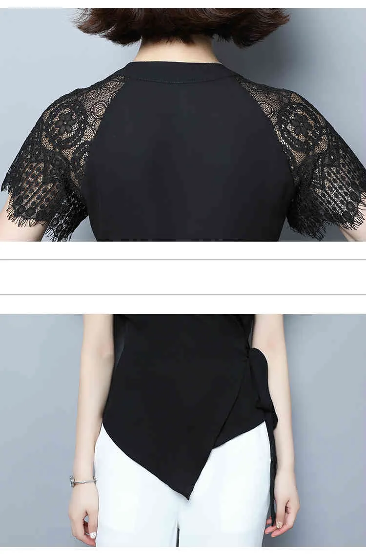 plus size blouse women short sleeve lace chiffon shirts v-neck office ladies tops solid black 4950 50 210506
