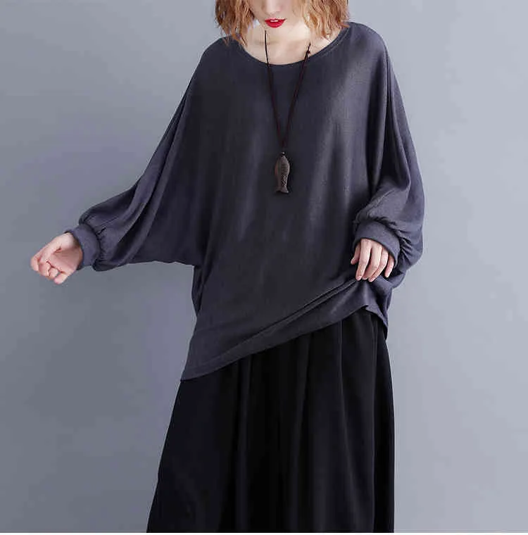 Coréen Long Plus Taille Chemises de l'épaule Tops pour femmes Solid O-Cou Batwing Manches 3141 50 210415