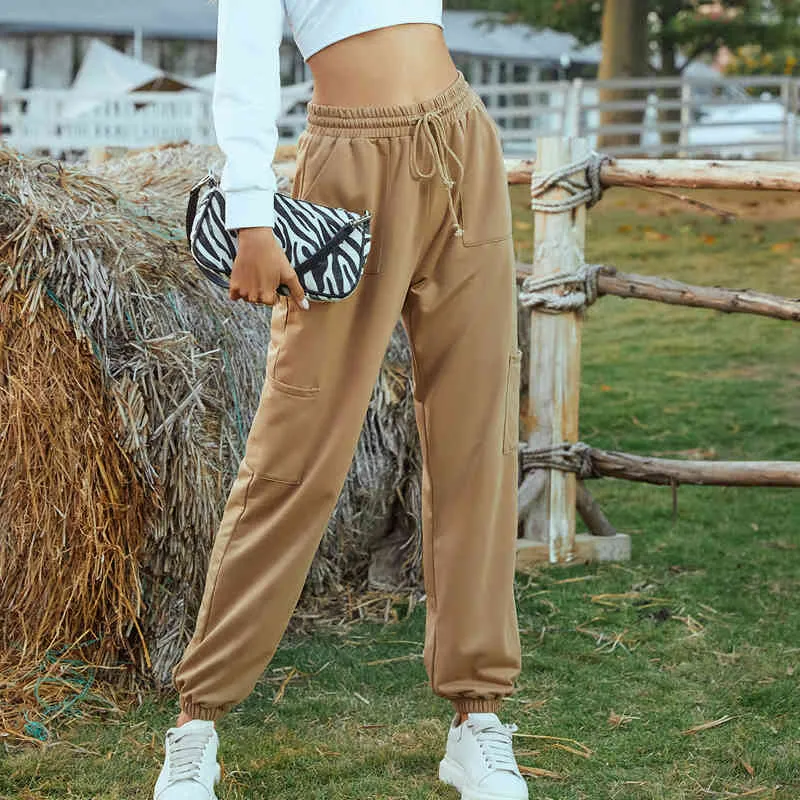 High Street Fashion High-Waisted Multi-Pocket Casual Byxor Kvinnor Casual Pants Streetwear Women Full Length Sweatpants Bottom 210514