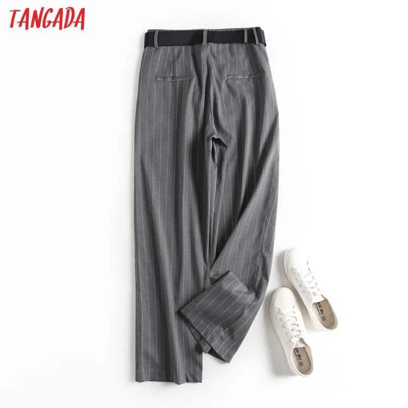 Tangada Mode Femmes Rayé Costume Pantalon Pantalon avec Slash Poches Boutons Bureau Lady Pantalon Pantalon 6D22 210609