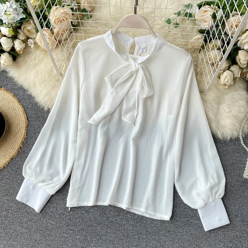 Chemise à manches longues pour femmes d'automne en mousseline de soie pur blanc sac à dos polyvalent pantalon à la mode deux pièces ensemble tenue de bureau 210331