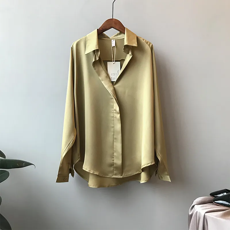 Spring Autumn Korean Fashion Clothing Satin Blouse Vintage Femme VNeck Street Shirts Elegant Imitation Silk Blouse Top 5273 210401