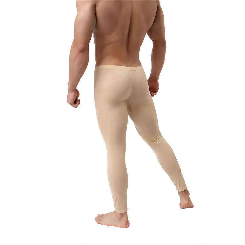 Ultra-fino homens leggings fitness gelo seda de seda longa johns calças sexy underwear pênis bolsa mens colegas de compressão leggings sleepwear 211108