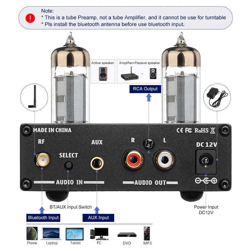 Aiyima 6k4 진공관 앰프 프리 앰프 블루투스 5.0 홈 사운드 시어터 용 고음 저음 톤 조정 기능이있는 프리 앰프 앰프 211011