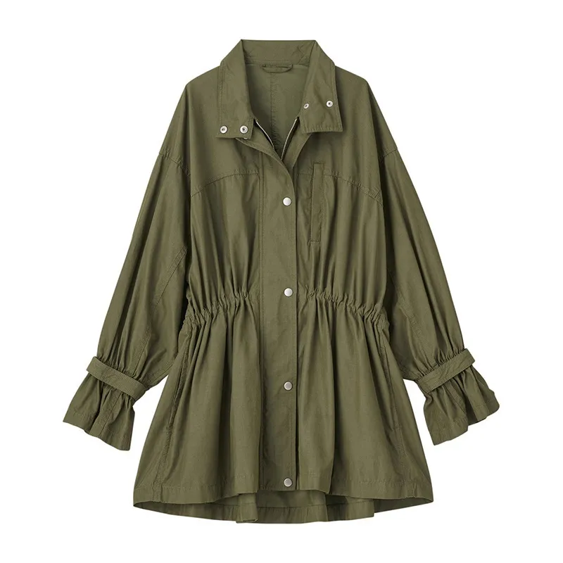 Mode plissé taille mince Trench Coat col rabattu à manches longues haut pour femme printemps décontracté simple boutonnage veste 210519