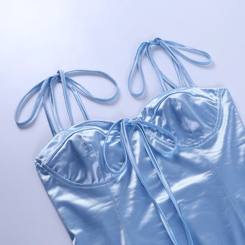 Lucyever Summer Satin Dos Nu Spaghetti Strap Robe Femmes Sexy Sans Manches Bandage Une Ligne Robe Femme Bleu Robes De Soirée 210521