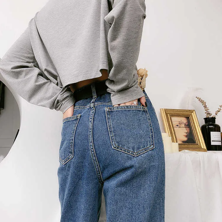 Kvinnor jeans byxor rak blyerts hög midja lös enkla denim baggy byxor mujer byxor 210608