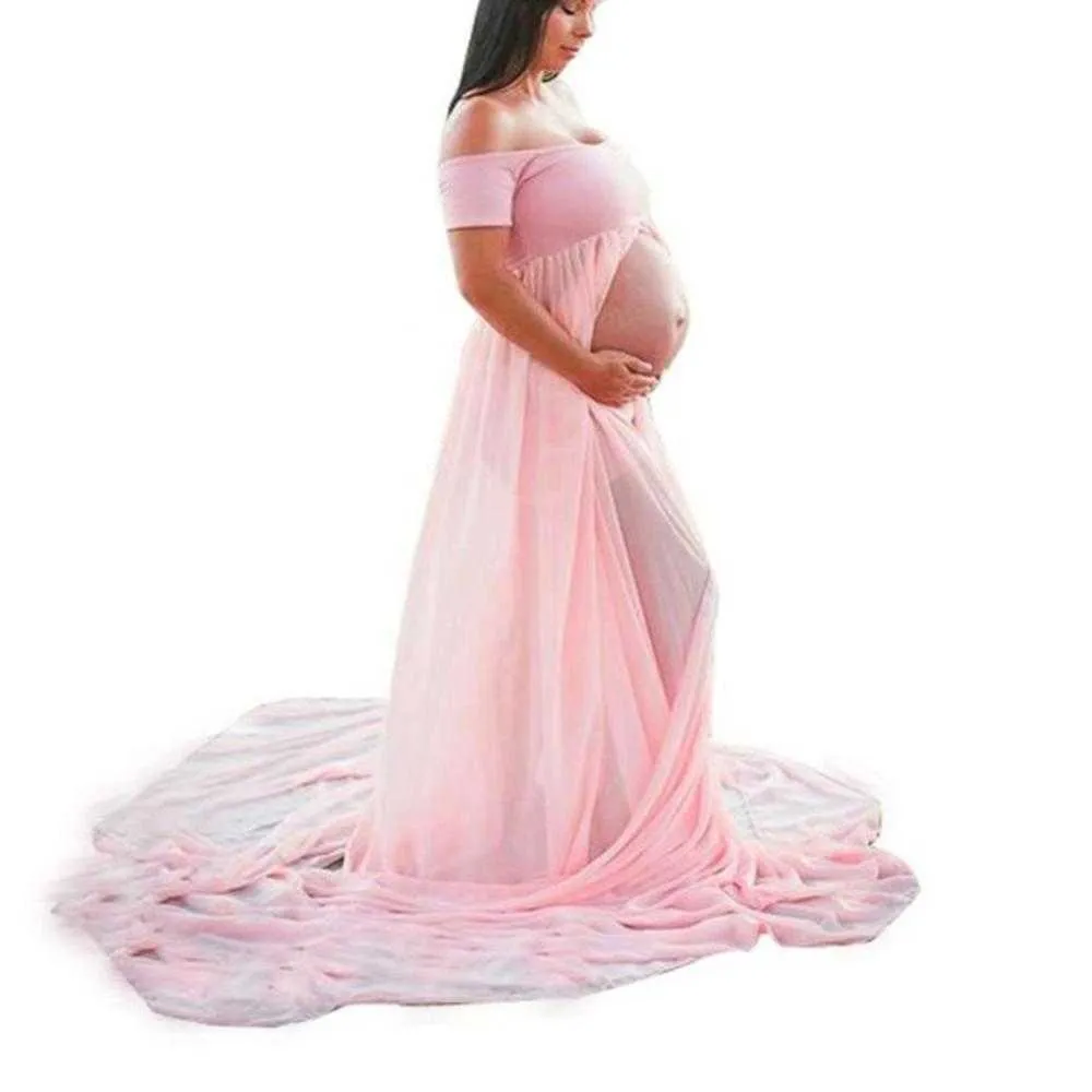 Langes Umstandskleid für schwangere Frauen, Chiffon, Patchwork, einfarbig, Schulter-Frontschlitz, bodenlanges Kleid