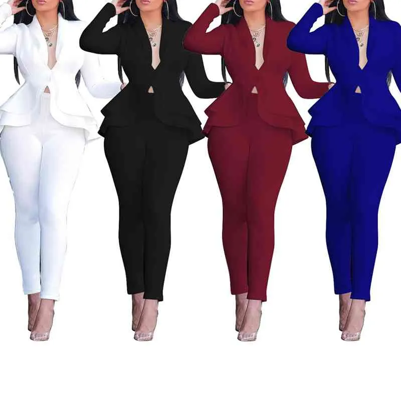 Sexy deux pièces ensembles pour femmes bleu col en V à manches longues hauts Peplum et pantalons pleine longueur vin rouge noir bureau dames vêtements de travail 210416