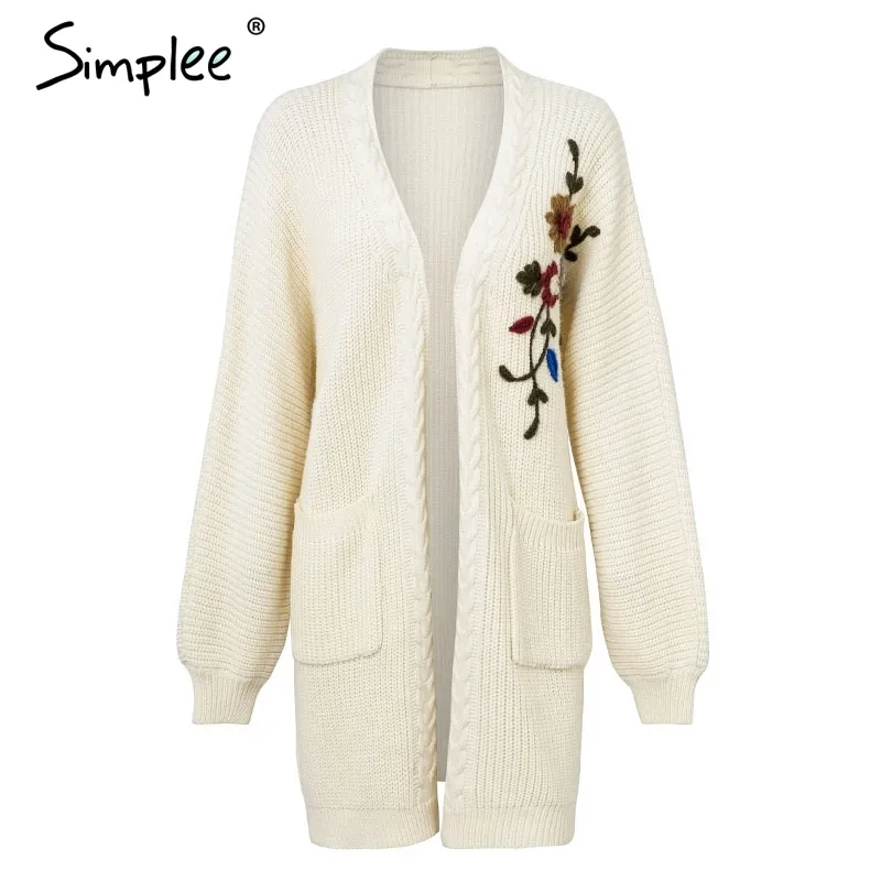 Fleur de broderie tricotée longue femme col en V décontracté pull de poche automne hiver femmes pull cardigan 210414