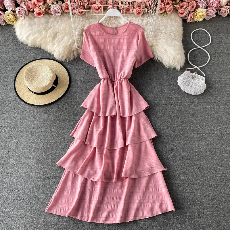 Sommer Chiffon Rüschen Vintage Kleid für Damen Süße elegante Kuchen Kurzarm Feste Hohe Taille Lange Vestidos 210420