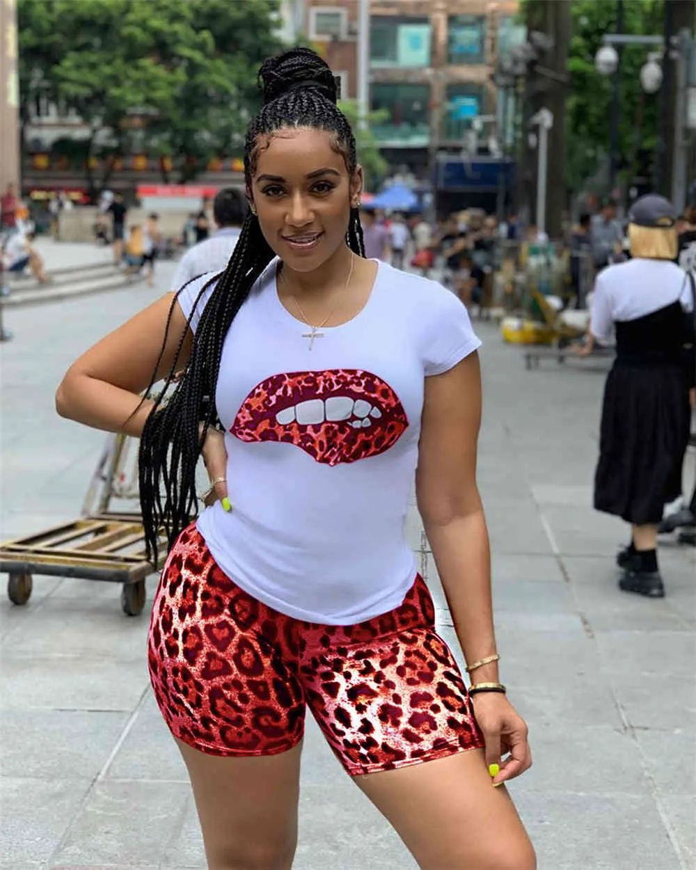 Plus Size Tracksuit Women Two Piece Sets Leopard Lip T-shirt Top and Shorts Sweat Suits Summer Beach Wear Casual Outfits X0428