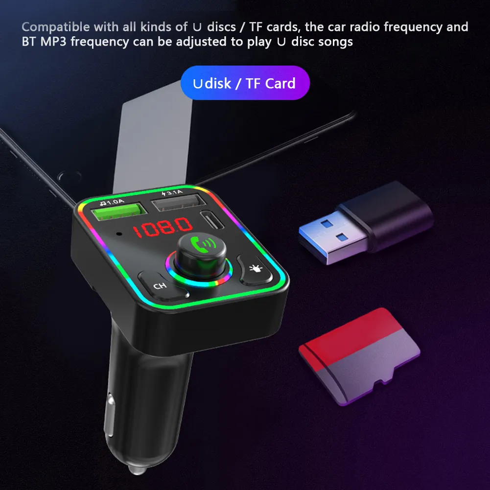 F3 Bluetooth Car Kit USB Tipo-C Cargador Transmisor FM TF Reproductor de MP3 con retroiluminación LED RGB Adaptador de radio FM inalámbrico Manos libres para teléfono