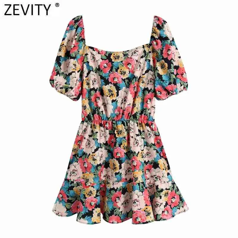 Femmes Vintage V Cou Puff Manches Taille élastique Chemise Robe Femme Chic Floral Imprimer Casual Hem Ruffle Mini Robe DS8275 210420