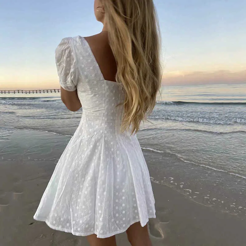 White lace embriodery summer beach dress women elegant hollow out lace up short dress off shoulder puff sleeve sheer dress 2021 Y0603