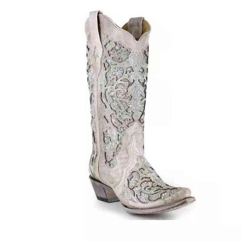 Donne Taupe intarsiato Stivali da cowboy occidentali Stivali europei americani moda retrò tacco spesso manica a punta donne XM437 211105