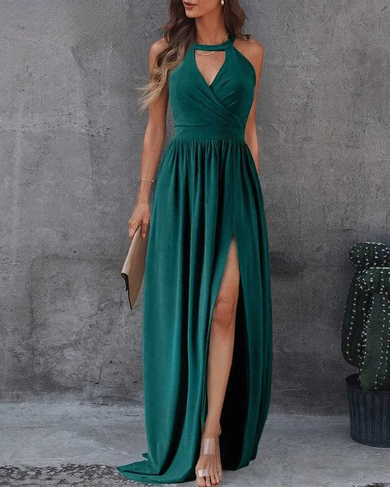 Elegant Sleeveless Front Cut Out Design Side Women Slit Maxi Dress Y1006