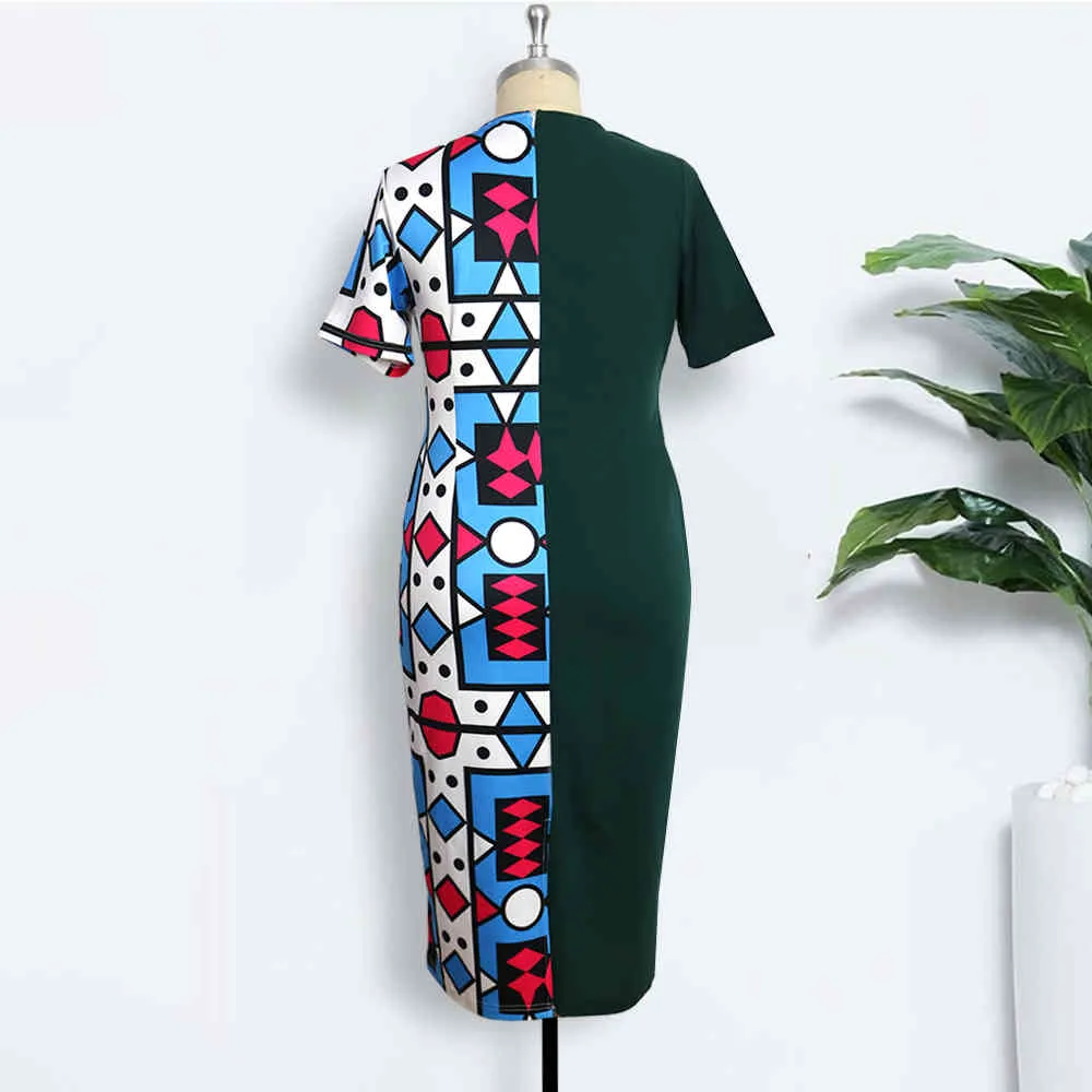 Robe Moulante 5XL Imprimé Géométrique Patchwork Vert Foncé Slim Fit Robes Plus La Taille 3XL 4XL Soirée De Soirée Élégante Femmes Vêtements 210416