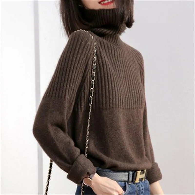 Ontwerp Trui Dames Turtleneck Pullovers Solid Stretch Gestreept Koreaanse Top Knit Plus Size Harajuku Spring Fall Clothes Beige KH