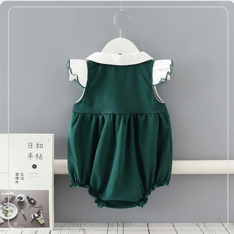 Lente baby mouwloze romper groene student stijl stropdas bodysuits pak jongen meisje kleding E9202 210610