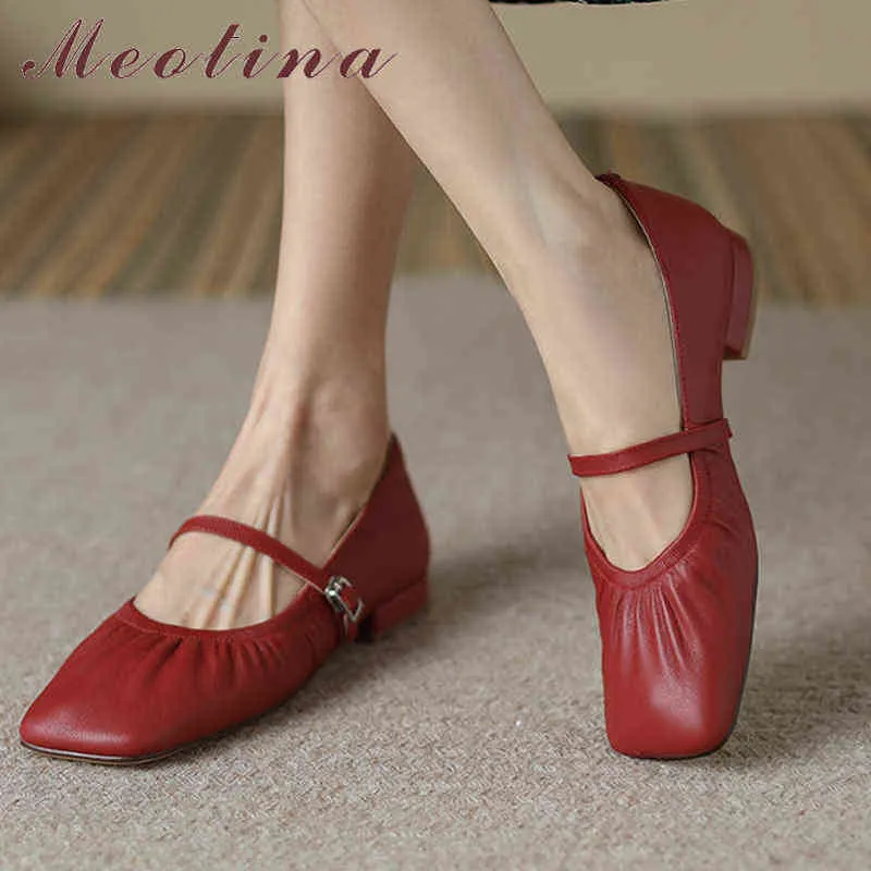 Mary Jens – chaussures plates en cuir pour femmes, avec boucle et pointe carrée, saison printemps-automne, vin rouge 220209