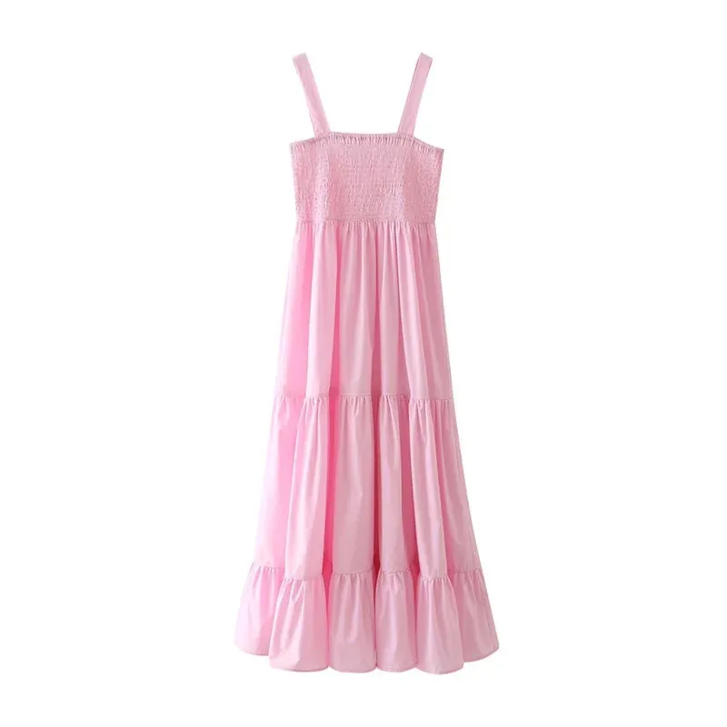 Pink Slip Midi Woman Summer Dress Ruffle Sleeveless Sexy Beach Long Dresses Women Casual Backless Sundresses 210519