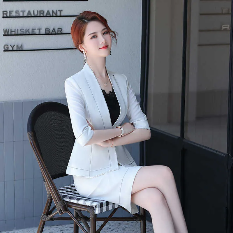 Mulher profissional terno pequena saia de negócios senhoras elegante all-match blazer branco colarinho 210527