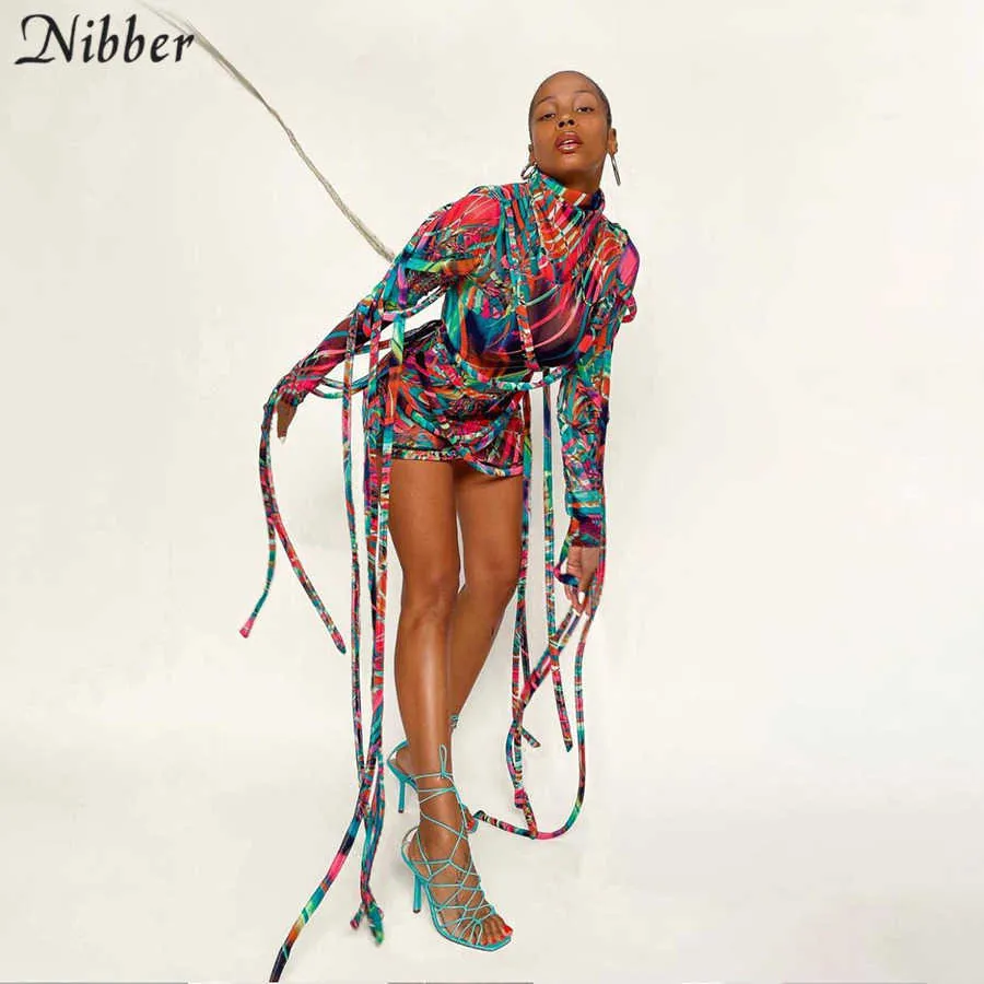 Nibber 2021 Maille À Manches Longues Évider Bandage Fendu Sexy Mini Robe Automne Hiver Femmes Mode Streetwear Tenues Y0726