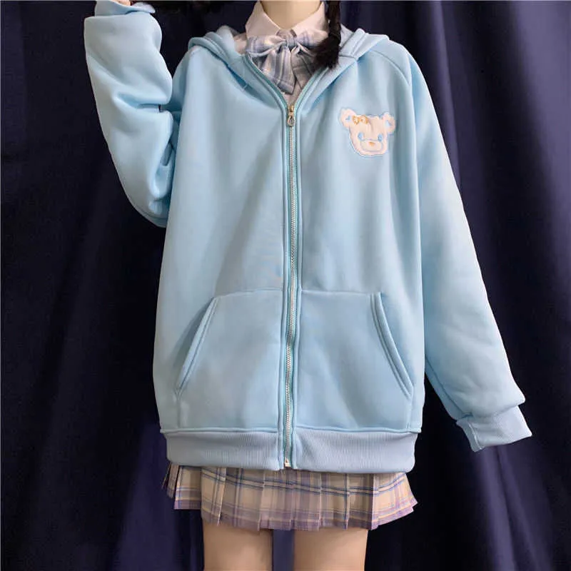 二足タウンカワイイパーカー女性冬のファッション韓国風バニーコートスウェットシャツ長袖かわいいプラスサイズジッパーアップパーカー210805
