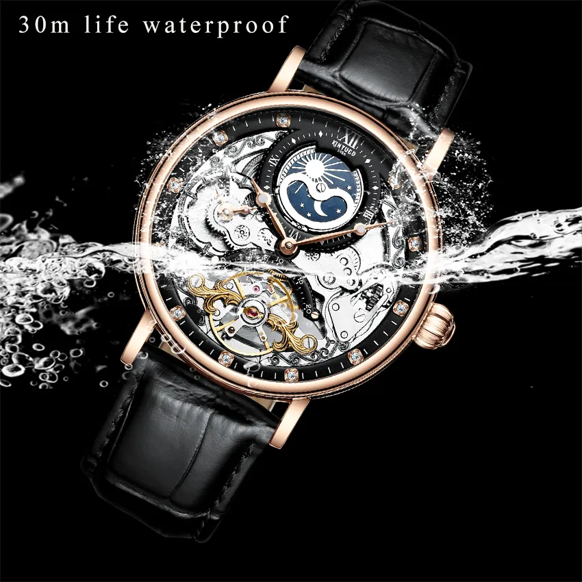 Reloj mecánico automático KINYUED, reloj de pulsera Tourbillon para hombre, mecanismo de reloj deportivo, relojes de cuerda automática, reloj informal de Luna para hombre