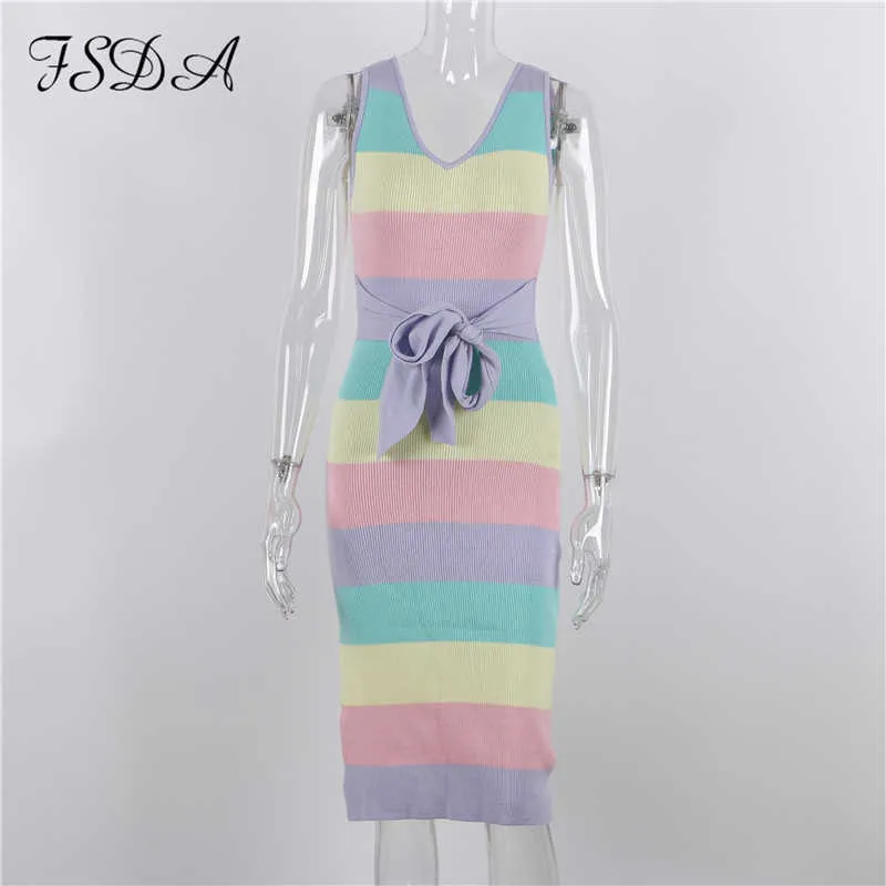 FSDA 2021 Stripe de Verão Malha Bodycon Dress Midi Mulheres Azul Sexy V Neck Elegante Bandage Casuais Vestidos De Partido Sem Mangas Y0603