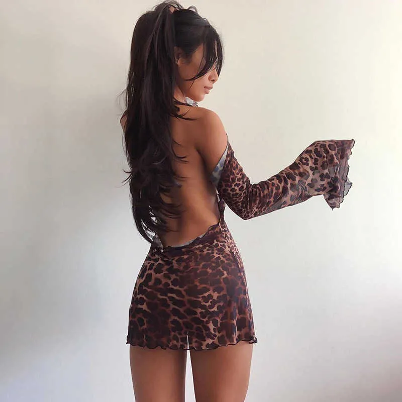Party Night Sexy Leopard Backless See-The Clubwear Kobiety Stylowe Flarowane Rękawy Lace Up Bodycon Mini Street Dresses 210607