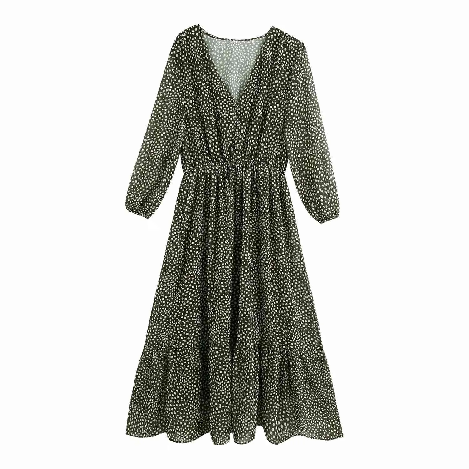 Pois automne hiver longue robe femmes col en v maxi en mousseline de soie robe élégante dames vert vintage robe vestidos 210415