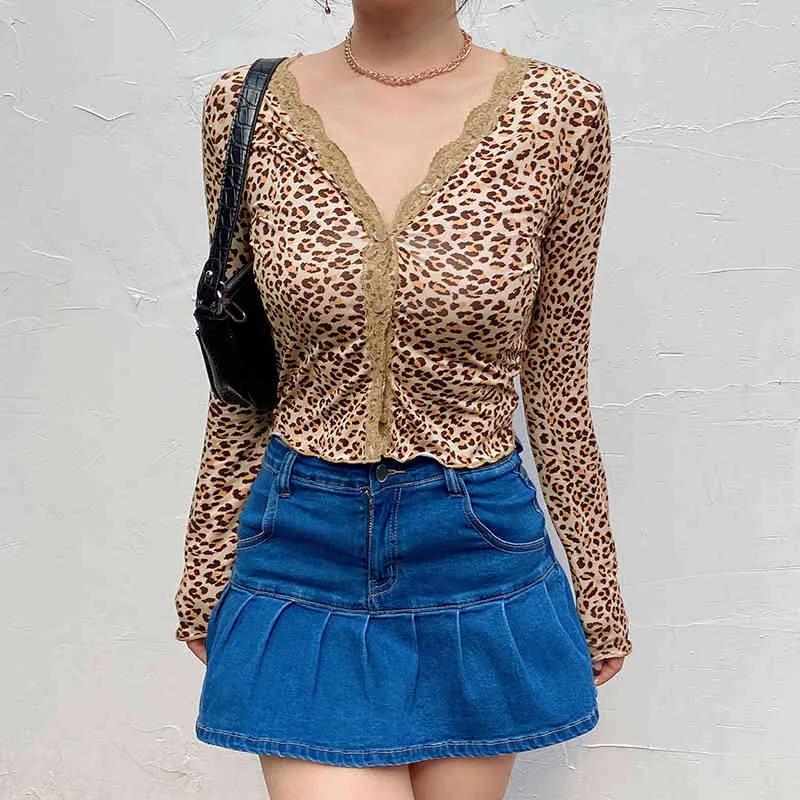 Y2K V Neck Leopard Drukowane Damskie Topy Harajuku Casual Z Długim Rękawem Cardigan Button Koszula Panie Fastion Crop Tops Kobiety Odzież 210515