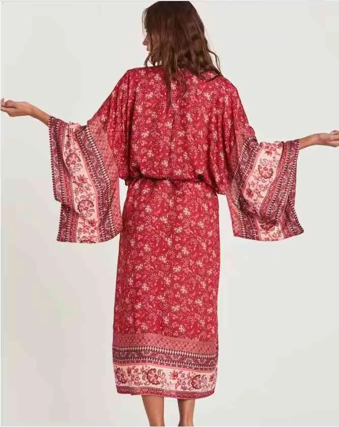 Bohemia V-Ausschnitt, roter Blumendruck, langes Kimono-Shirt, BOHO-Ethno-Stil, Schnürung, Schleifenärmel, Strickjacke, Urlaubsbluse, lose 210429