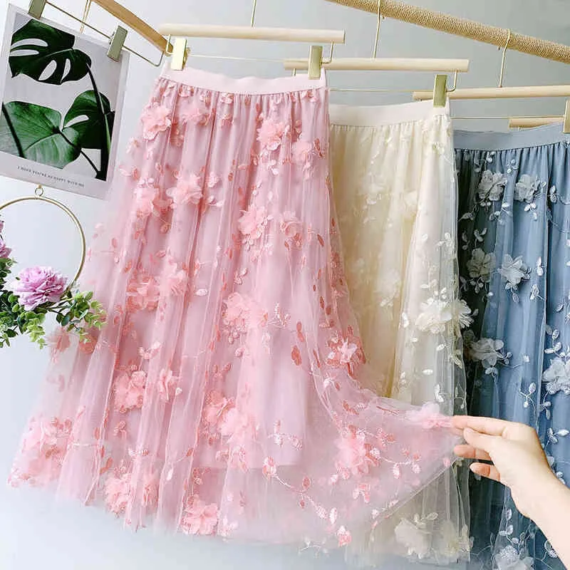 Kobieta Spódnice 2021 Koreański Styl Moda Elastyczna Talia Aplikacje Haft Floral Mesh Spódnica Długa Gaza Balowa Spódnica Spódnica G220309