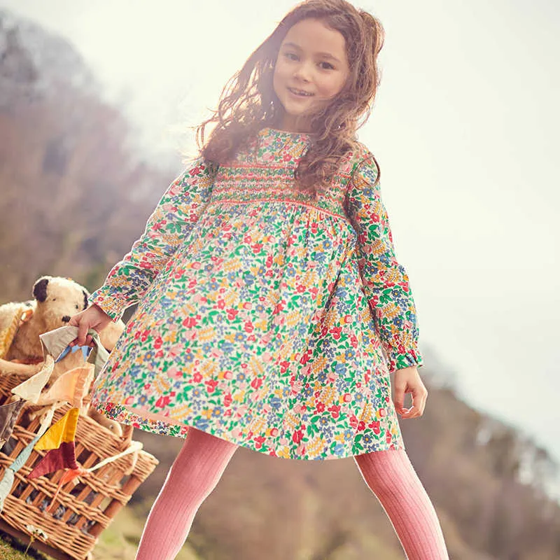 Kinder Mädchen Mode Herbst Baby Kleidung Drapiertes Kleid Baumwolle Blumendruck Kleinkind Mädchen Kleider 210528
