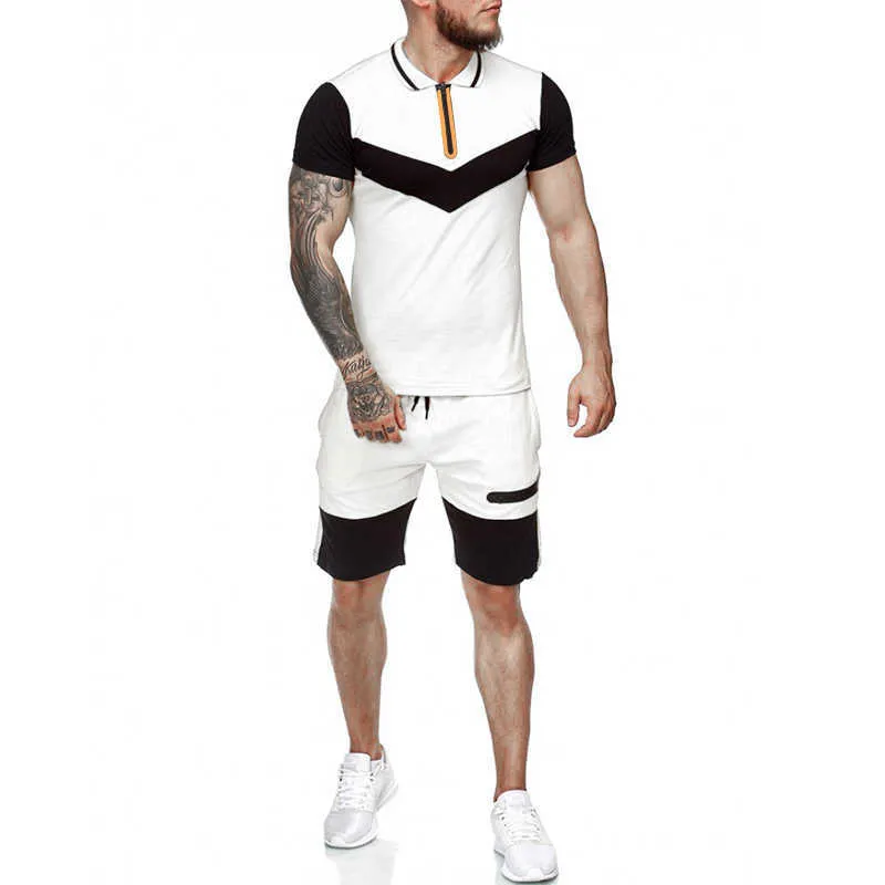 Mens korta uppsättningar sommar casual sommar kläder 2 styck set färgblock track kostymer 2021 manlig t-shirt + shorts bomull män tracksuits y0831