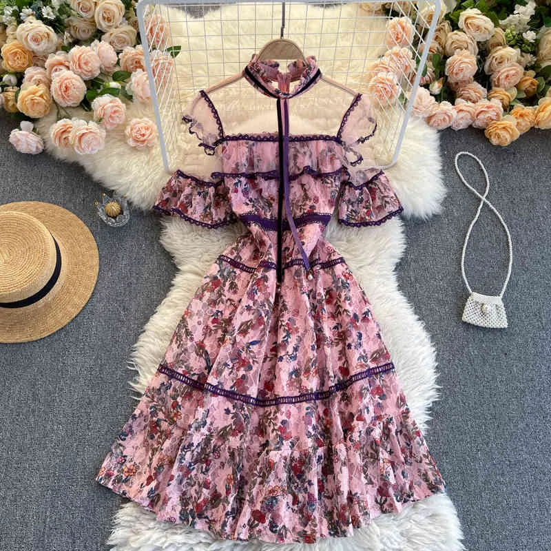 Frühling Net Garn Spitze Vestidos Frauen Gestickte Blume Temperament Stehkragen Kurzarm Rüschen Midi Kleid C770 210506